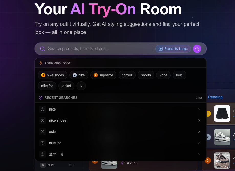 Search bar with trends, image upload, and magnifier shortcut in the hub.