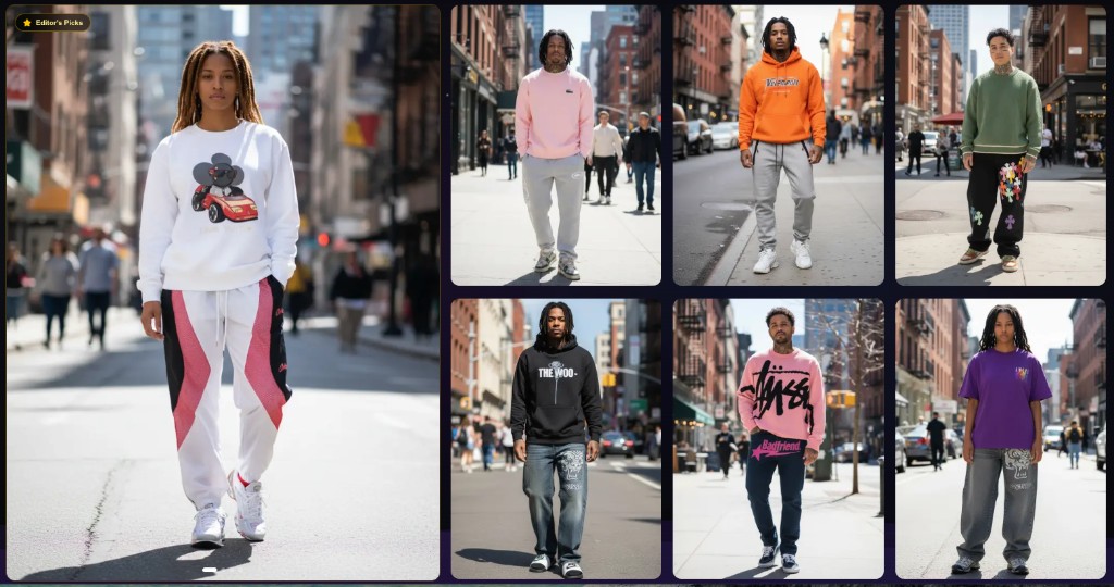 Lookbook-style grid with Editor's Picks and street-outfit thumbnails in the hub.